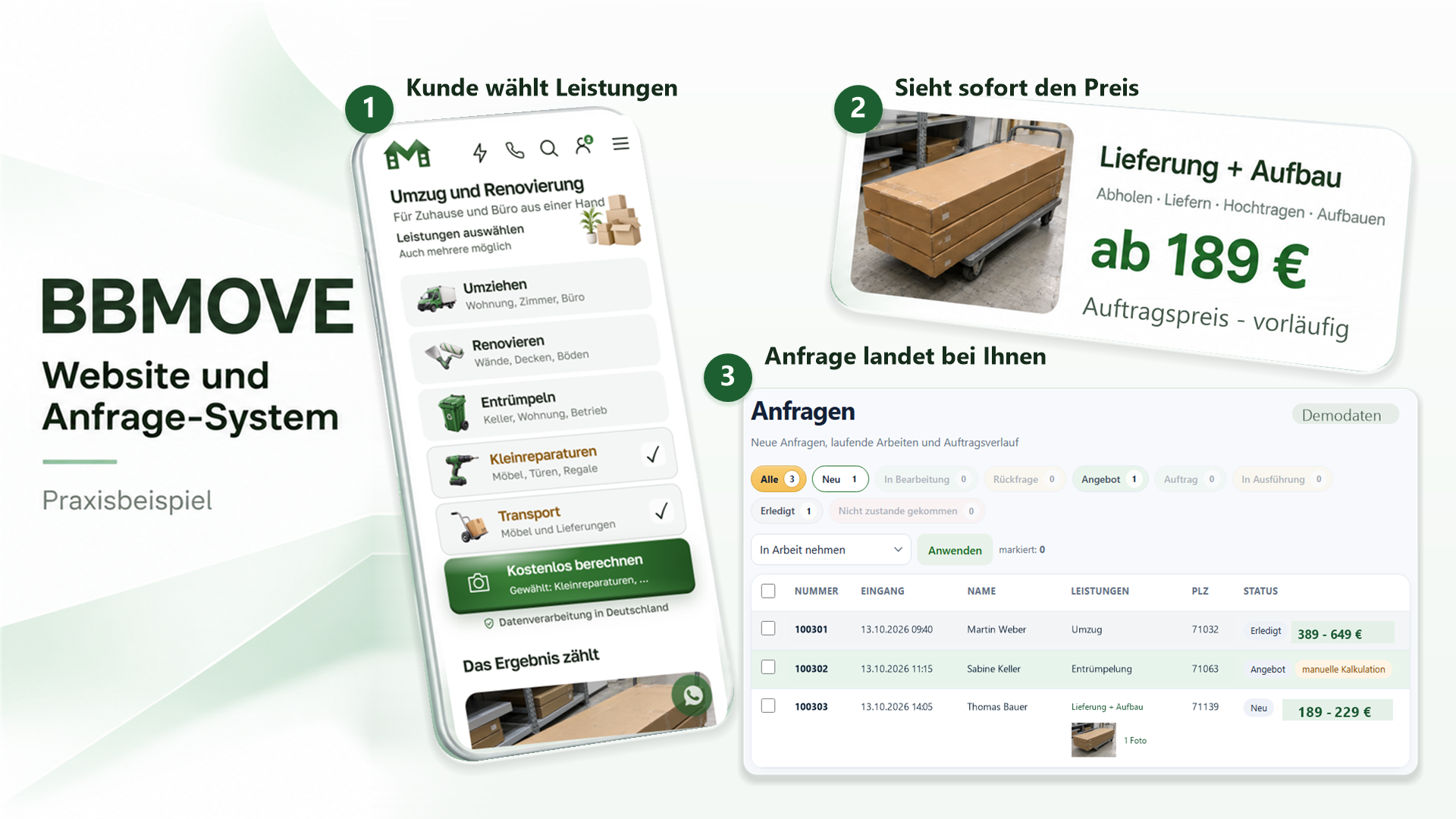 BBMOVE request system: the customer picks services, sees the price instantly, the request lands with the business